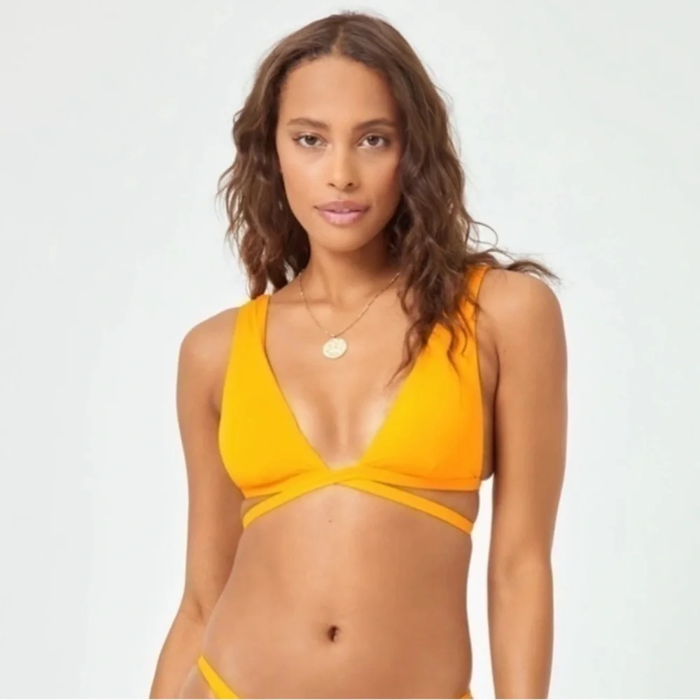 L*SPACE Avery Bikini Top Large Mango Orange Wrap Around Swimwear Retro 70s Beach